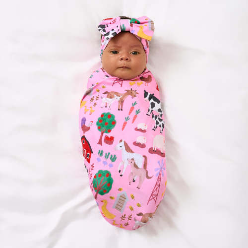 Pink Farm Fam Swaddle & Luxe Bow Headband Set | Little Sleepies