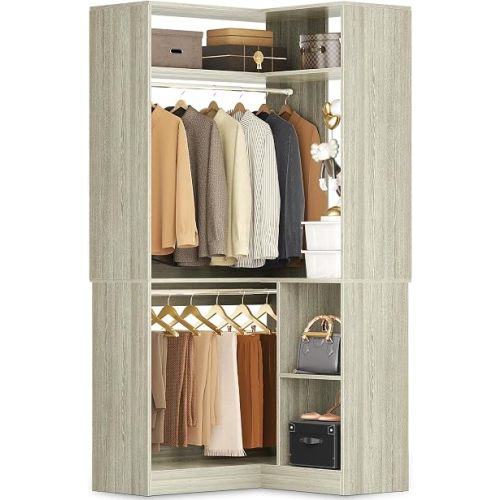 Aheaplus Corner Closet System with Shelves, L Shaped Walk-in Closets, White Oak
