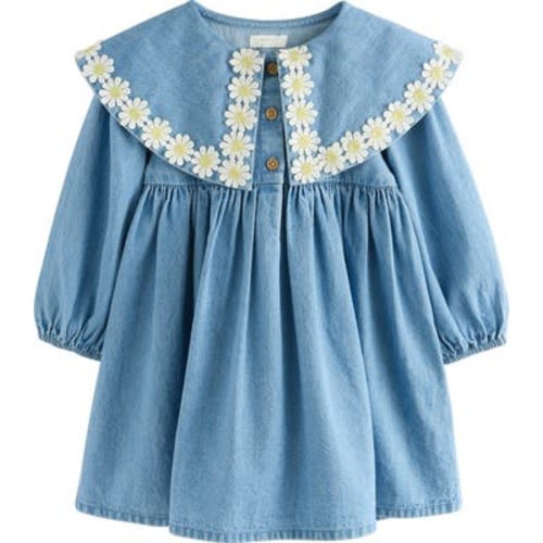 Kids' Daisy Embroidered Long Sleeve Denim Dress, 3-4Y