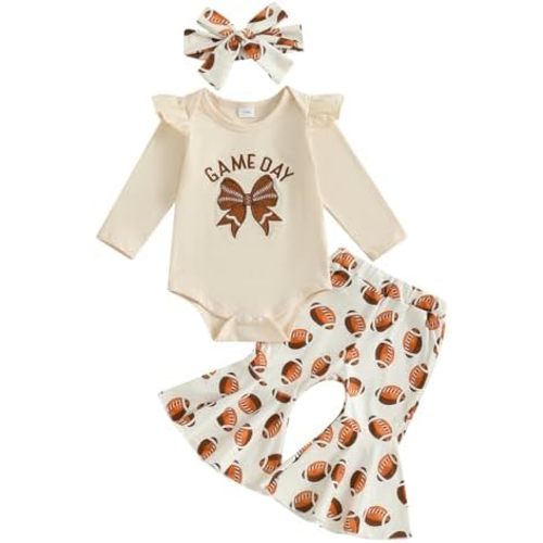 My First Football Season Baby Girl Outfit Embroidery Bodysuit Rugby Flare Pants Bow Game Day Bell Bottoms Coming Home