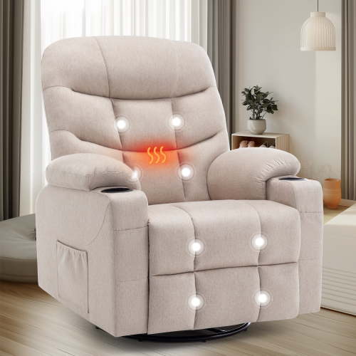 Korser Swivel Glider Rocker Recliner Chair with Massage and Heat for Living Room,Light Tan