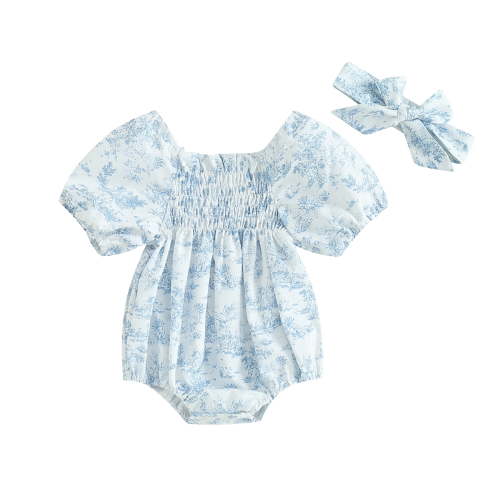 BemeyourBBs Newborn Baby Girls Summer Clothes Smocked Bubble Rompers Floral Print Ruched Puff Sleeve Bodysuits Playsuit Infant Baby Girl Jumpsuits with Headband