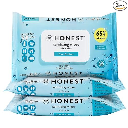 The Honest Company Fragrance-Free Sanitizing Alcohol Wipes Antibacterial Hand with Aloe Kills 99% of Germs Safe for Hands 150 Count (3 Packs 50)