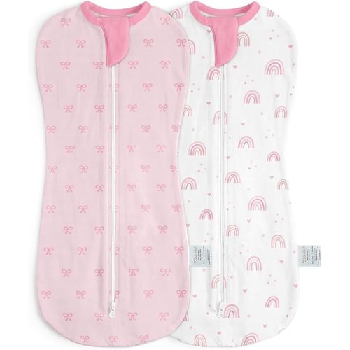 Baby Swaddle 0-2 Months, Cotton Arm-In Zipper Sleep Sack, Wearable Blankets Wrap for Newborn Infant Girls (Bow, Rainbow, Pack of 2)