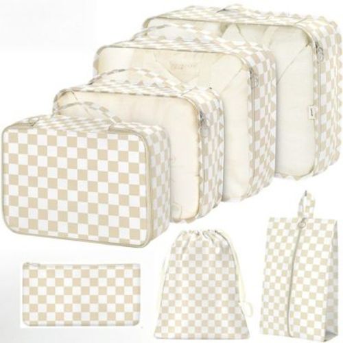 Anna-Kaci 7-Piece Travel Packing Cube Set with Checkered Pattern and Multi-Size Organizers 16x12.5x3.5in - Light Beige