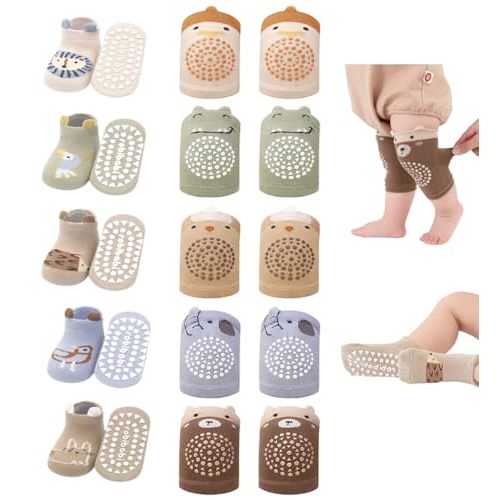 WATOCHE Baby Crawling Knee Pads and Socks with Anti-Slip Grips 10 Pairs Unisex Baby Toddler Nonslip Kneepads & Ankle Socks