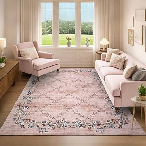 GarveeHome Washable Area Rug 4x6, Small Living Room Rug with Non-Slip Backing, Vintage Floral Rug for Bedroom, Flower Carpet for Kitchen Entryway Office Nursery Entrance Enytry Indoor, 4x6 Pink