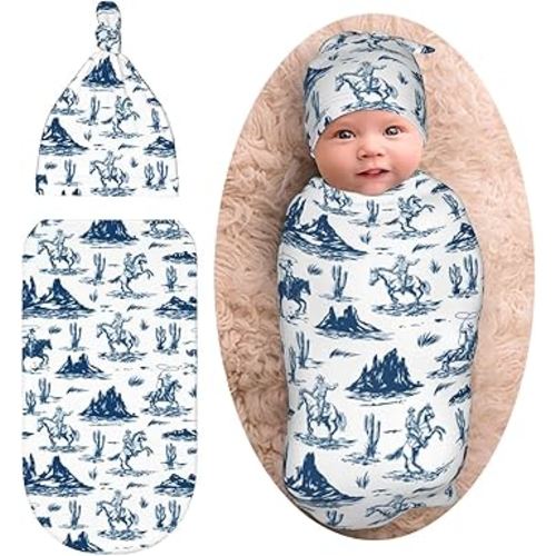 Western Cowboy Cactus Baby Stuff Newborn Baby Swaddle Blanket Wrap Blanket Soft with Beanie Hat Sets Gifts for Infant Boys Girls