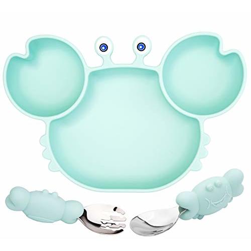 Silicone Suction Plate for Toddlers with Fork Spoon Set - Self Feeding Training Divided Plate Dish and Bowl for Baby and Toddler, Fits for Most Highchairs Trays (Cyan)