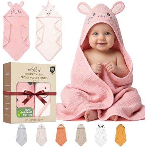 100% Organic Cotton Muslin Hooded Baby Towels for Newborn 2 PK 32x32 in