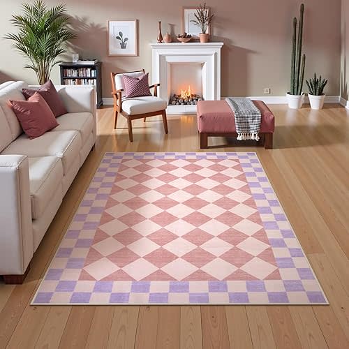 Morebes Checkered 5x7 Pink Rug for Bedroom Area Rug for Living Room Nursery Carpet for Kids Room Dorm Dining Room 5'x7'