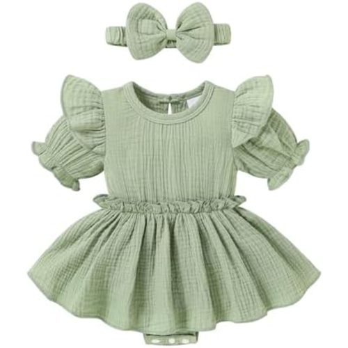 Happy Town Newborn Baby Girl Clothes Infant Summer Romper Ruffle Puff Sleeves Jumpsuit with Headband Toddler Outfits