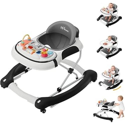 5-in-1 Foldable Baby Walker,Music and Lights Baby Walker with Wheels,Height Adjustable Infant Walker, with Activity Center, Rocker, Bouncer,Push Walker & Feeding Tray for Babies 6-18 Months (Black)