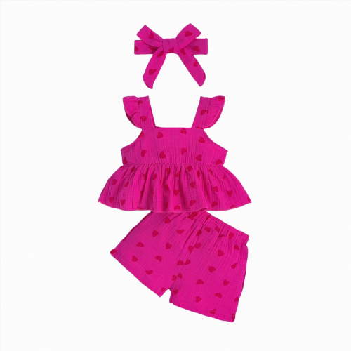 mgoYE Toddler Baby Girl Heart Print Outfit Set,Ruffled Sleeveless Top, Matching Shorts & Bow Headband for Baby Girls(Hot Pink,12-18 Months)