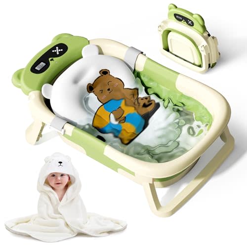 Collapsible Baby Bathtub for Newborn to Toddler (0-18 Months) - Foldable Baby Bath Tub with Soft Towel, Newborn& Infant Bathtub for Travel and Outdoor, Green