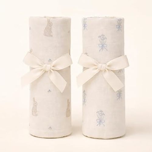 Premium Muslin Swaddle Blanket Set, Breathable 100% Organic Cotton 4-Way Muslin, Soft Large Receiving Blanket (46" x 46"), 2-Pack, Bunny & Lily Flowers