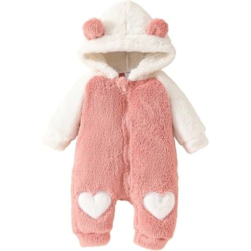 Socutebabe Newborn Baby Girl Fall Winter Clothes Fleece Romper Jumpsuit Bear Ears Hooded Zipper Hoodies One Piece Warm Suiit (Pink, 0-3 Months)