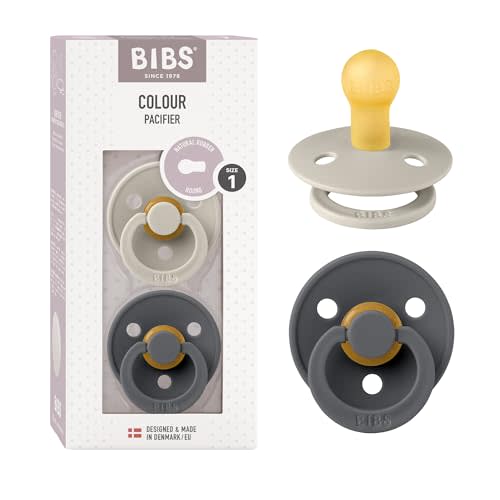 BIBS Pacifiers Colour Collection | Natural Rubber Baby Pacifier | Set of 2 BPA-Free Soothers | Made in Denmark | 0+ Months (Pack of 2) | Sand/Iron | Natural Rubber Latex | Size 1 | BPA-Free | Made in Denmark | High Nipple Acceptance | Airflow Holes | C...