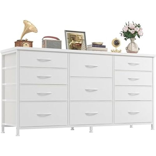 Romorgniz Dresser for Bedroom with 11 Fabric Drawers, Dresser TV Stand for 50, 55 Inch TV, Chest of Drawers, Entryway, Sturdy Metal Frame & Wood Top (White)