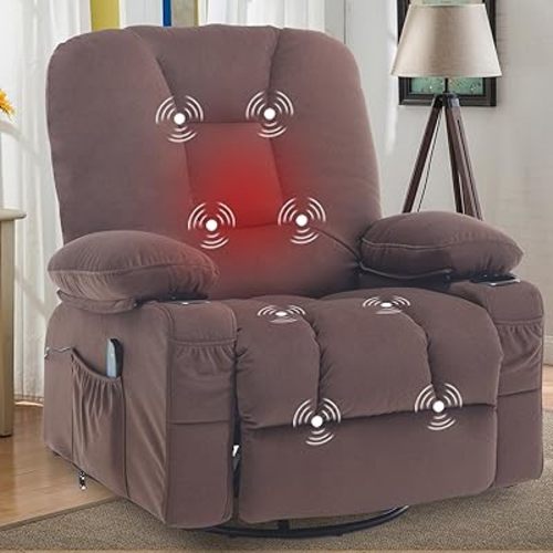 Rocker Recliner Chair with Massage & Heat,360° Swivel Recliner with Cup Holder, Overstuffed Soft Fabric Recliner for Living Room Nursery,Brown