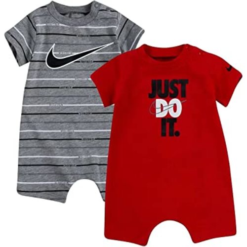 Nike Baby Boy Just Do It Romper 2 Piece Set (Carbon Heather(56H942-GEH)/Red, 6 Months, 6_Months)