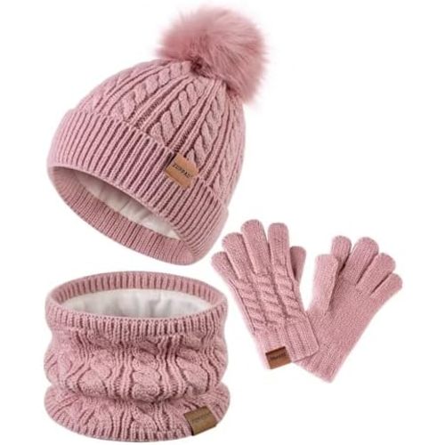Kids Winter Hat Gloves Scarf Set,Girls Toddler Children Hats Beanie with Pom Knit Neck Warmer Gaiter Mittens Fleece Lined Set
