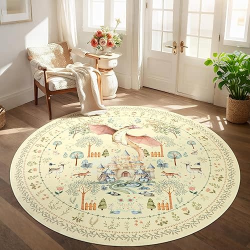 nesrt Round Washable Area Rugs for Living Room Nursery 6Ft, Yellow Dragon Print Kids Bedroom Rugs Non Slip, Soft Forest Dining Room Floor Carpets for Playroom Entryway Home Office Decor