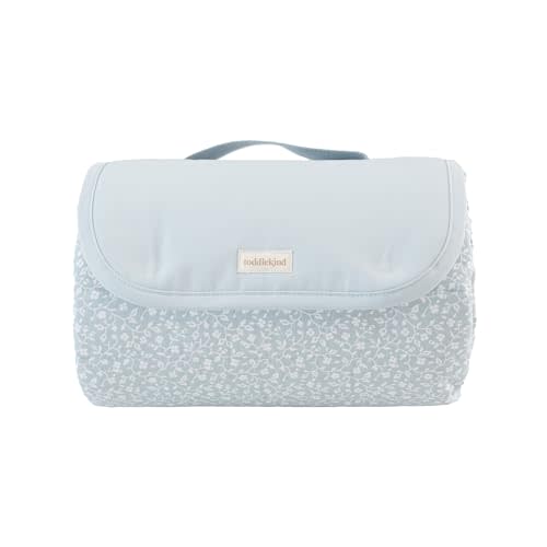 Toddlekind Premium Indoor/Outdoor Playmat & Picnic Blanket, Organic Quilted Cotton, Water-Resistant, Reversible Design, Spacious Play Mat for 6 People, Easy Roll-Up w/Carry Handle, Botanical Blue