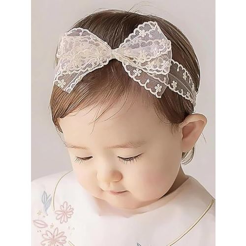Baby Girls Bow Lace Headband Cute Soft Hairband White Butterfly Knot Headbands for Newborn Infants Toddlers Kids Christening Baptism Birthday Party Hair Accessories(Beige)
