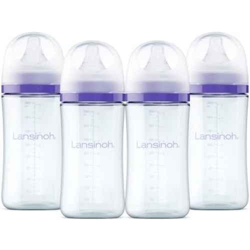 Lansinoh Anti-Colic Glass Baby Bottles, Purple Collar, 8 Ounces, 4 Count
