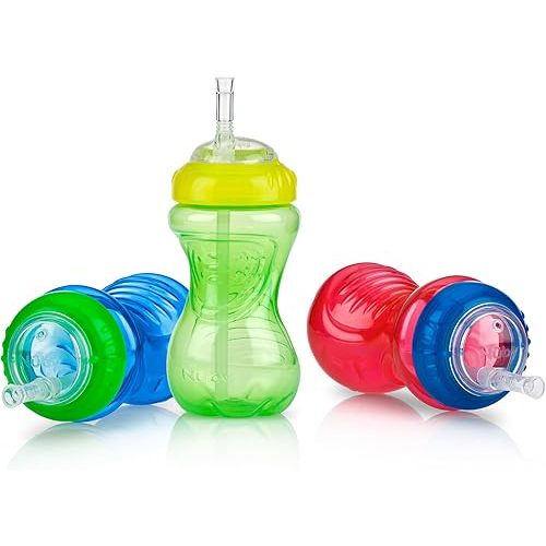 Nuby No-Spill Sippy Cup with Flex Straw for Boys - (3-Pack) 10-Ounce Bottles - Training Sippy Cups for Toddlers 12+ Months
