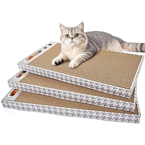 Cat Scratching Board 3 Pack – Reversible Cardboard Scratcher for Indoor Cats, Wide Boxed Scratch Pads with Bell Ball, Durable Corrugated scratchers as Furniture Protector