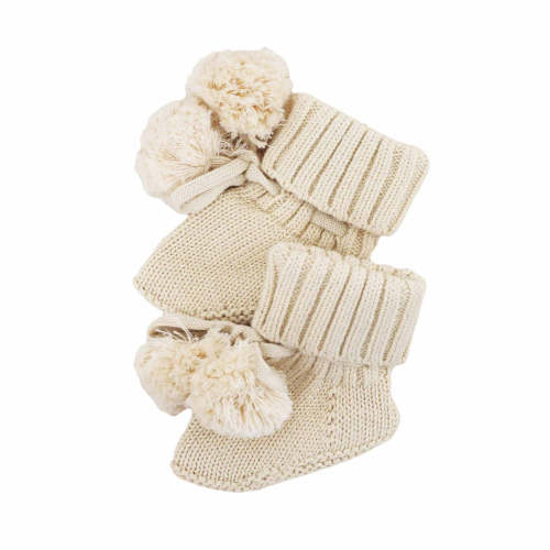 Knit Pom Pom Baby Booties | Sand