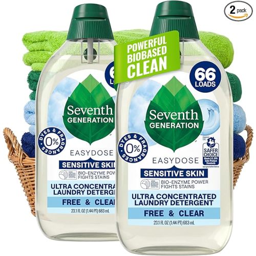 Seventh Generation Ultra Concentrated Free & Clear Laundry Detergent, 23.1 fl oz, 2 Pack, No Dyes or Fragrance, EasyDose Cap, Sensitive Skin Liquid Laundry Soap Targets Stains and Everyday Messes