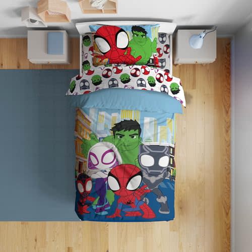 Sunny Side Up Marvel Spidey & His Amazing Friends Toddler Comforter Set - 4 Piece Preschool Bedding Includes Comforter, Sheets & Pillow Cover – Super Soft Superheroes Microfiber Bed Set