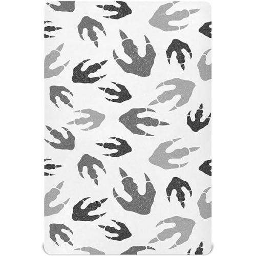 Dinosaur Paw Prints Black White Fitted Crib Sheets Stretchy Portable Playard Sheets for Baby Toddler, Breathable Soft Mini Crib Mattress 52 x 28 in for Boys and Girls