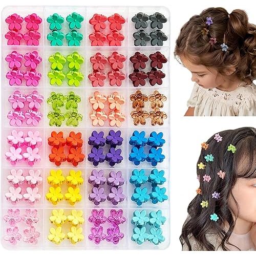 EleMirsa 96pcs Baby Girl Hair Clips - 24 Multicolors Mini Flower Claw Clips in Organizer Box