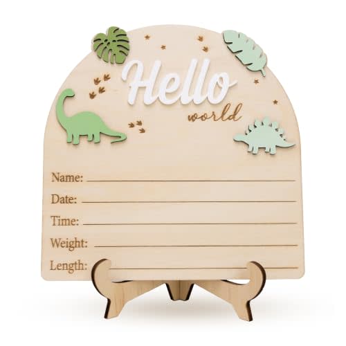 Baby Announcement Sign, 6 in Wooden Hello World Newborn Sign, Dinosaur Theme Birth Stats Board, Hospital Announcement for Baby Boy, Infant Name Prop, Nursery Decor