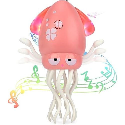 Dancing Squid Tummy Time Toy, Crawling Octopus Baby Toys, Birthday Gifts for 3 4 5 6 Year Old Boy Girl Toddlers Kids, Interactive Sensory Toy with Lights & Music, Christmas Stocking Stuffers (Pink)