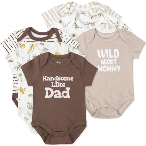 Baby Essentials 6 Pack Bodysuit Set, Baby Boy 6 Piece Newborn Outfit Set, Button Closure, Short Sleeve