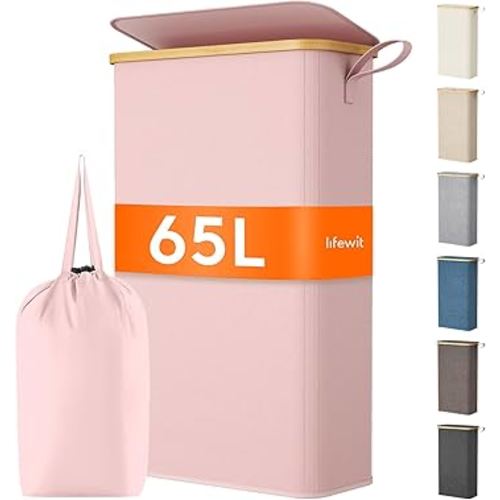 Lifewit 65L Slim Laundry Hamper with Lid, Narrow Laundry Basket with Removable Bag & Bamboo Handles, Fodable Thin Dirty Clothes Hamper for Laundry Collapsible Bin for Bathroom Bedroom Dorm, Pink