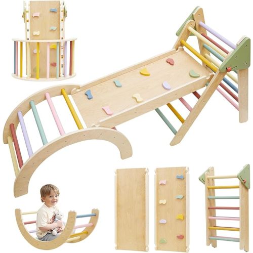 3in1 Pikler Triangle Set, Pikler Triangle Climbing Toys Set for Toddlers, Wooden Toddler Climbing Toys Indoor Playground, Foldable Montessori Climbing Set with Arch&Ramp&Ladder, Jungle Gym for Kids