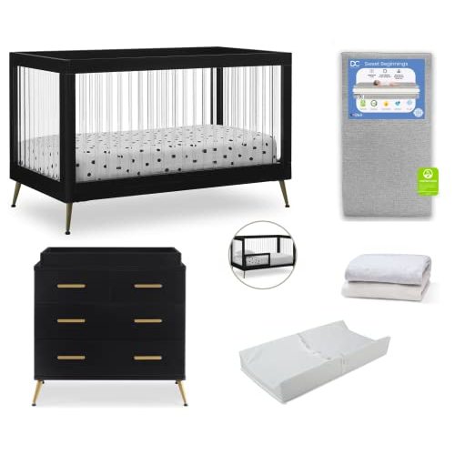 Delta Children Sloane Crib 7-Piece Baby Nursery Furniture Set–Includes: Convertible Crib, Dresser, Changing Top, Crib Mattress, Fitted Sheets, Toddler Guardrail & Changing Pad, Black w/Melted Bronze