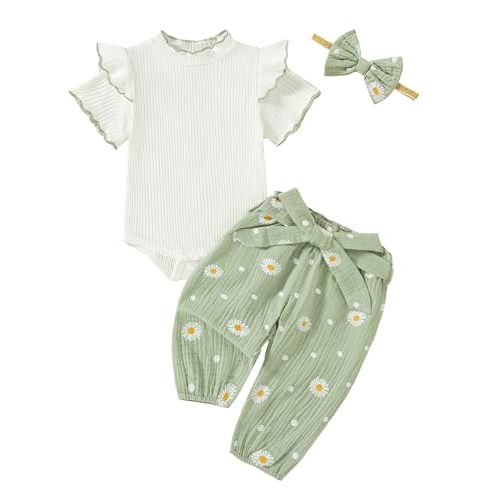 SUNNY PIGGY Newborn Baby Girl Clothes 4Pcs Cute Infant Fall Winter Outfits | 0-18 Months,Toddler Girl Clothing Set,Cute Ruffle Long Sleeve Romper,Casual Floral Pants with Bow Headband,Newborn Essentials
