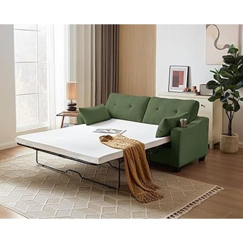 Queen Size Pull Out Sleeper Sofa Bed, 2-in-1 Convertible Corduroy Pull Out Couch Bed with USB Charging, Memory Form Loveseat Sleeper for Living Room, Apartment, Small Space, Corduroy Green, Queen Size