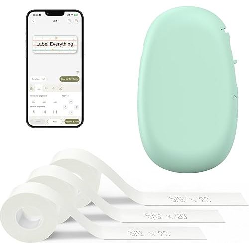 SUPVAN E10 Bluetooth Label Maker Machine with 3 Tapes, Continuous Waterproof Label, Versatile App with 35 Fonts and 1k+ Icons, Inkless Labeler for Home, Kitchen, School, Office Organization, Green