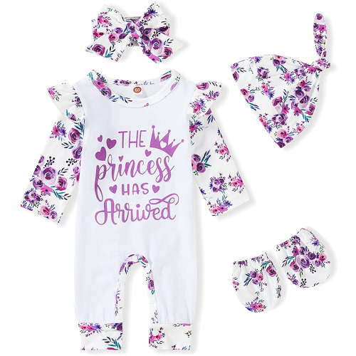 ZOELNIC Baby Girl Romper + Hat + Headband + Gloves, 0/3/6 Mos