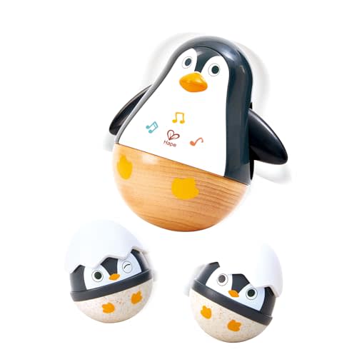 Hape Wobbling Penguin Family Baby Toys, 3-in-1 Rattle & Musical Sensory Toys for Babies 6-12-24 Months, Food-Grade Silicone Teething Toys, Montessori Penguin Wobbler for Infant Toddler Gift