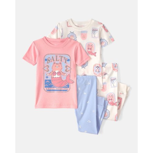 Baby Girl Mermaid Cat 100% Cotton Snug Fit 4-Piece Pajama Set - Pink/Ivory | Carter's