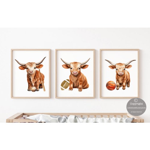 Longhorn Nursery Wall Art Set of 3, Longhorn Basketball Baseball Football Nursery Decor, Baby shower Gift, Longhorn Lover Gift